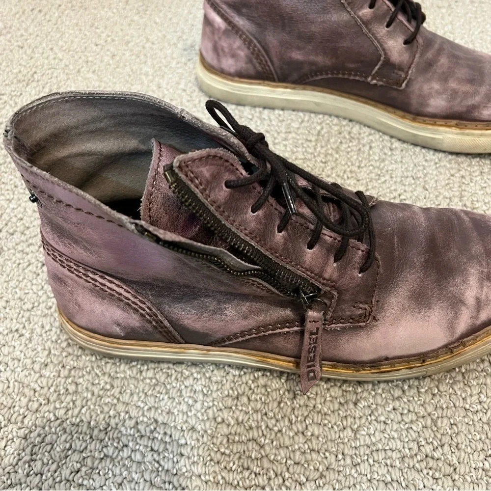 Diesel Mid Distressed Leather Boots Shoes Men’s Size 45 US 12 Side Zip Lace Up,